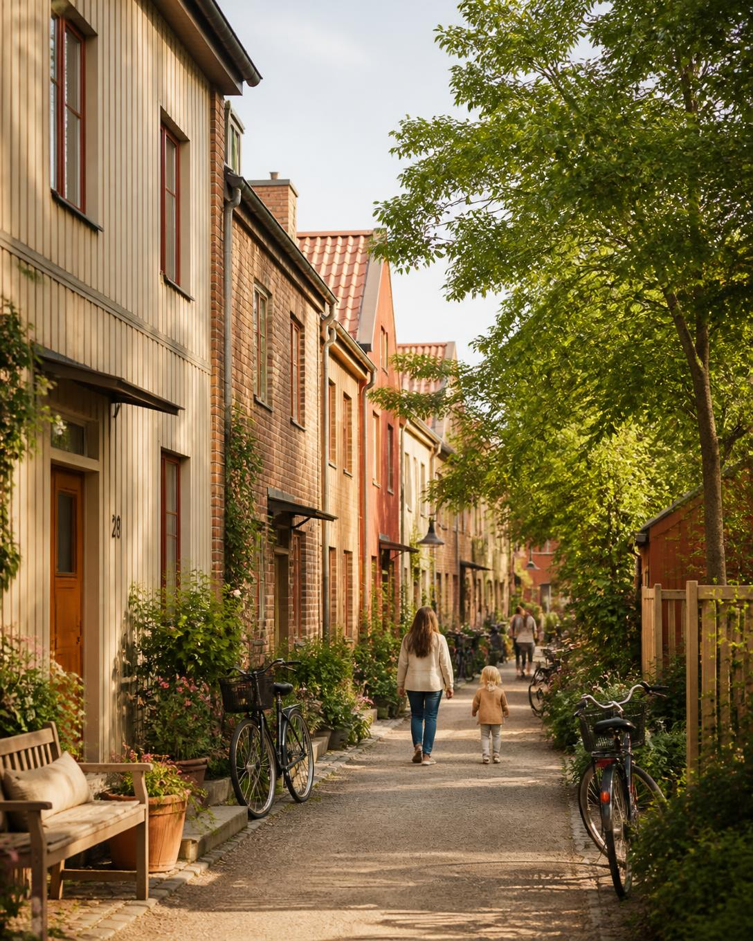 Lugn gata i en svensk trädgårdsstad med låga radhus i tegel och trä, cyklar, grönska och promenerande människor